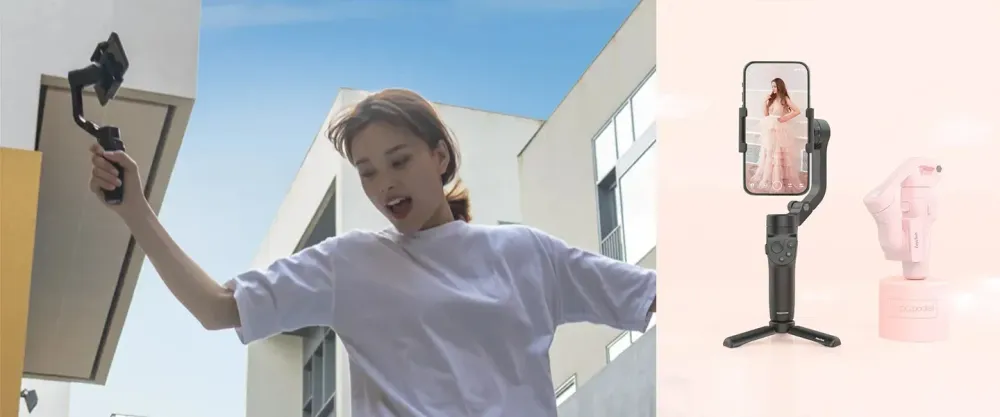 Young woman using FeiyuTech phone gimbal next to an up-close image of the gimbal displaying footage